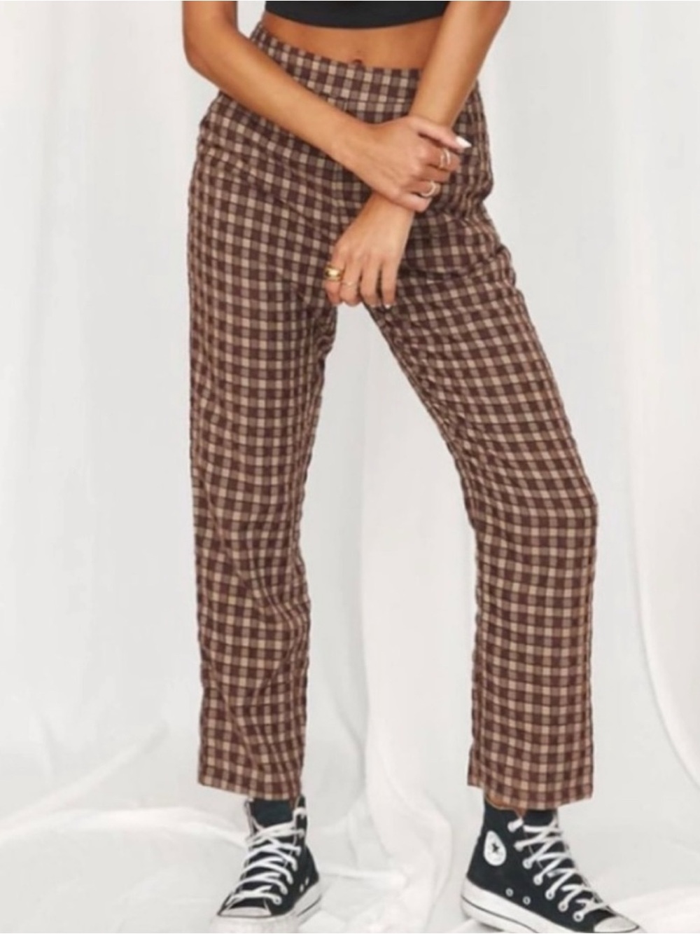 12th Tribe Brown Checkered Cropped Pants Casual Neutral size Medium